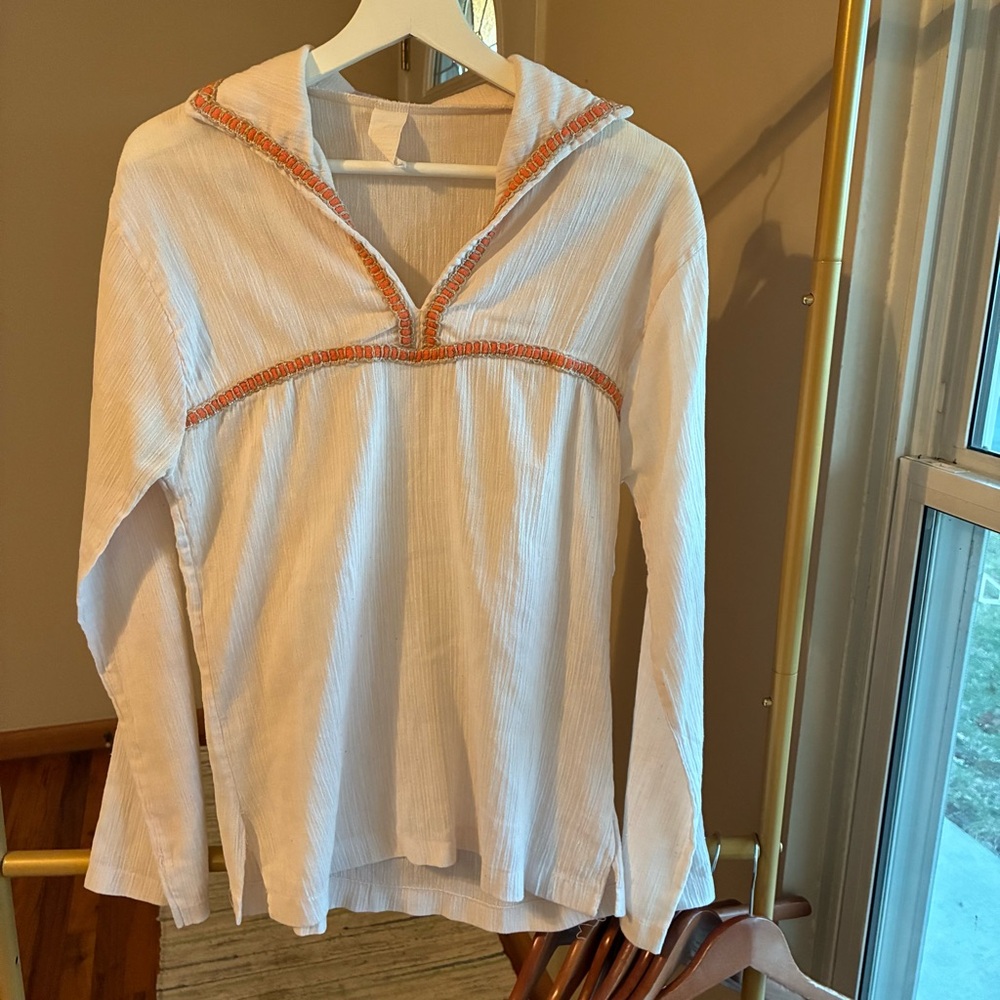 Vintage Off White Gauze Top with Orange Accent Trim